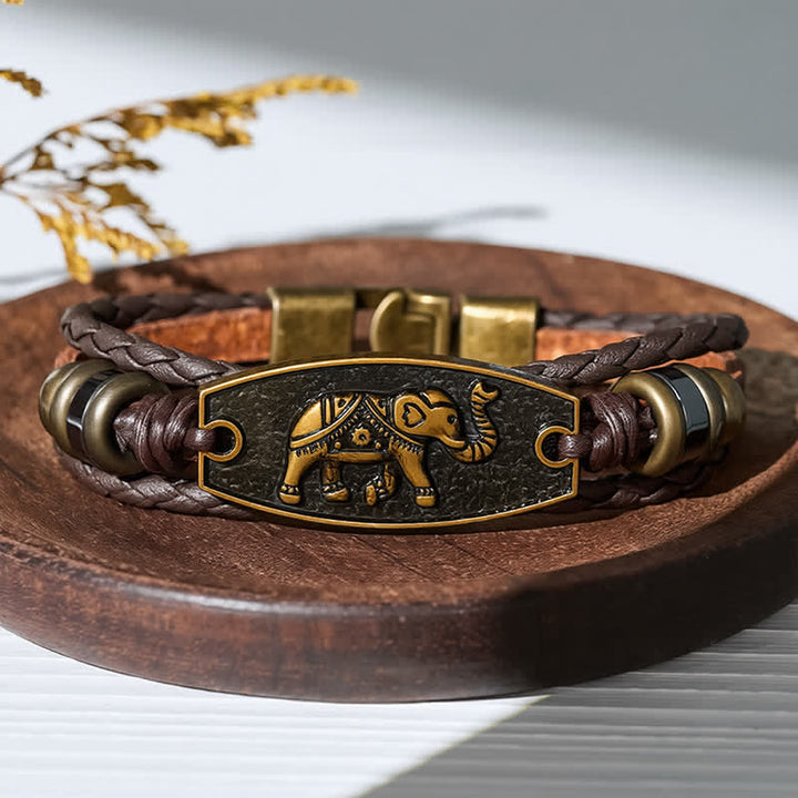 Bracciale vintage in bronzo antico con intreccio multistrato in pelle. - Elefante - image 10