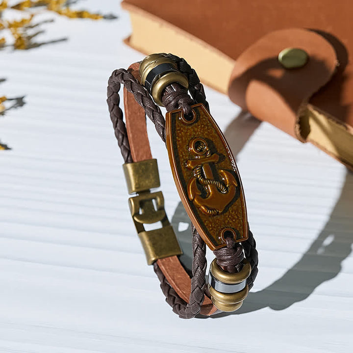 Bracciale vintage in bronzo antico con intreccio multistrato in pelle. - Ancorare - image 0