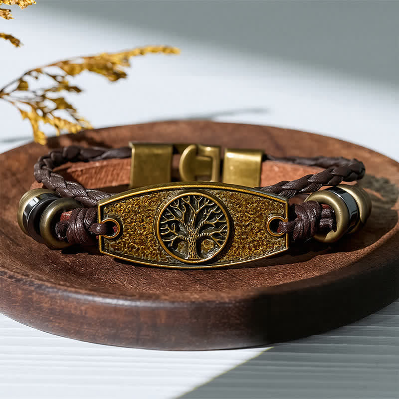 Bracciale vintage in bronzo antico con intreccio multistrato in pelle. - Albero della Vita - image 9
