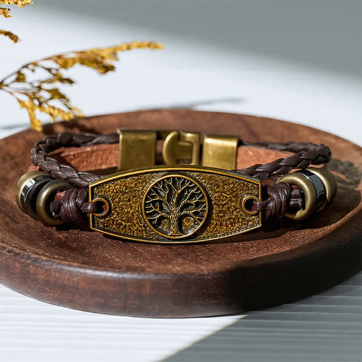Bracciale vintage in bronzo antico con intreccio multistrato in pelle. - Albero della Vita - image 9