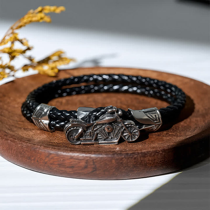 Bracciale in pelle con motivo motociclistico punk retrò - Nero - image 0