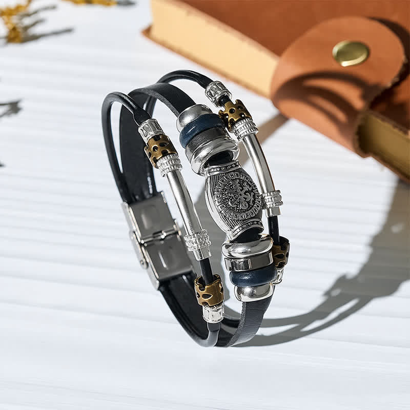 Bracciale vintage in pelle multistrato stile vichingo - Nero - image 0