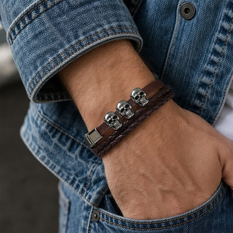 Bracciale in pelle vintage punk a doppio strato intrecciato con teschio - image 2