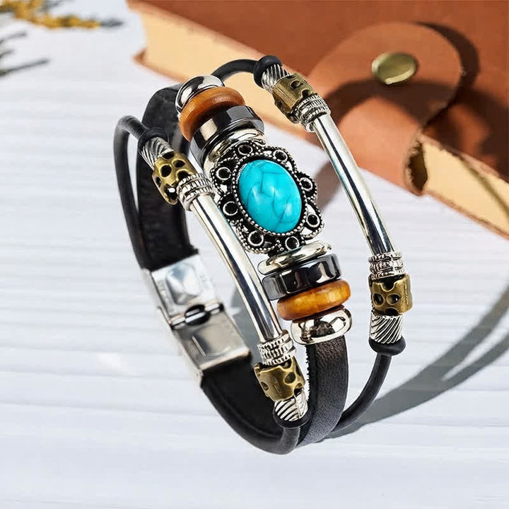 Bracciale in pelle intrecciato fatto a mano con ciondoli turchesi in stile boho. - Stile n. 2 - image 3