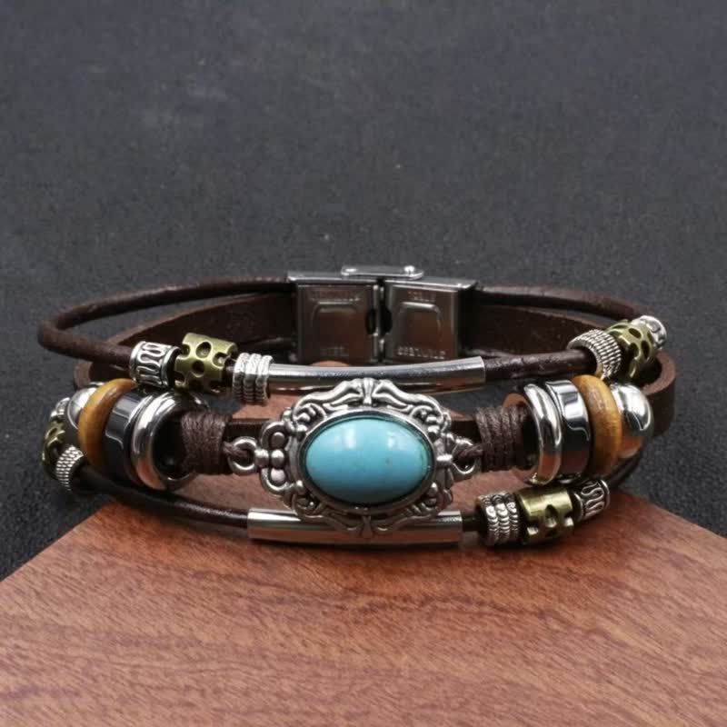 Bracciale in pelle intrecciato fatto a mano con ciondoli turchesi in stile boho. - Stile n. 6 - image 8