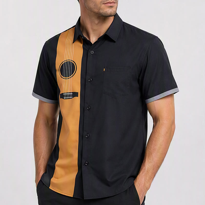 Camicia casual da uomo con stampa di chitarra acustica creativa, stile streetwear. - image 3