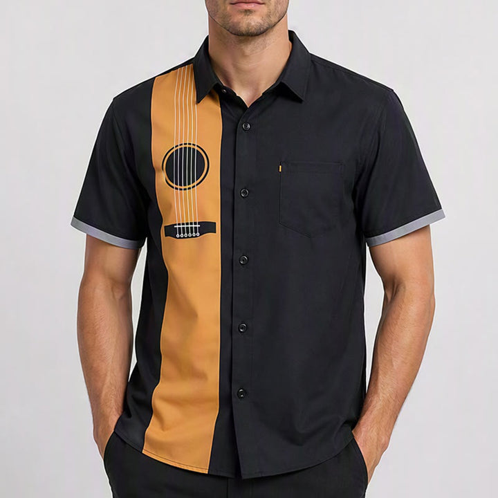 Camicia casual da uomo con stampa di chitarra acustica creativa, stile streetwear. - image 1