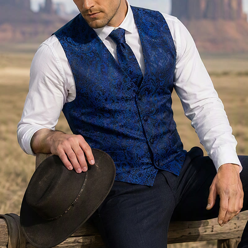 Completo da uomo a tre pezzi con gilet in jacquard a fantasia paisley. - Blu scuro - 2XL - image 5