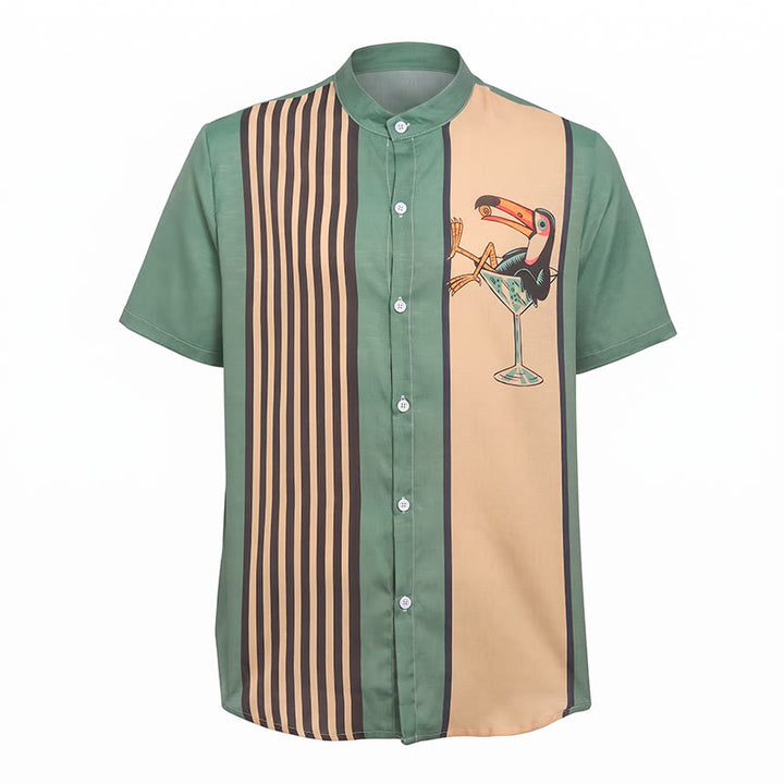 Camicia estiva da uomo a righe verticali con stampa tucano tropicale. - image 9