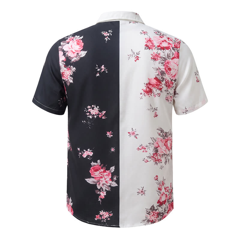 Camicia casual da uomo nera e bianca con stampa floreale a rose a contrasto - image 11