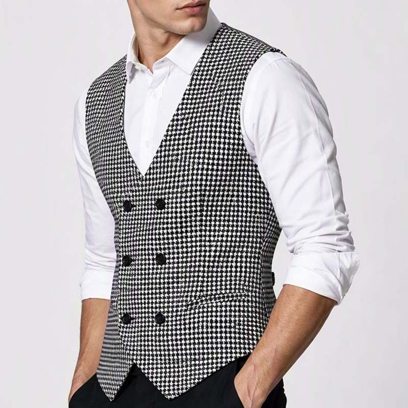 Gilet da completo da uomo a doppio petto con scollo a U e fantasia pied de poule - image 3