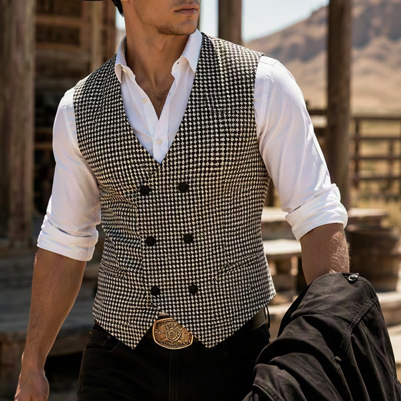 Gilet da completo da uomo a doppio petto con scollo a U e fantasia pied de poule - Nero - L - image 0