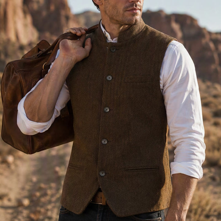 Gilet da uomo in tweed a spina di pesce con colletto alla coreana - Marrone - 3XL - image 15
