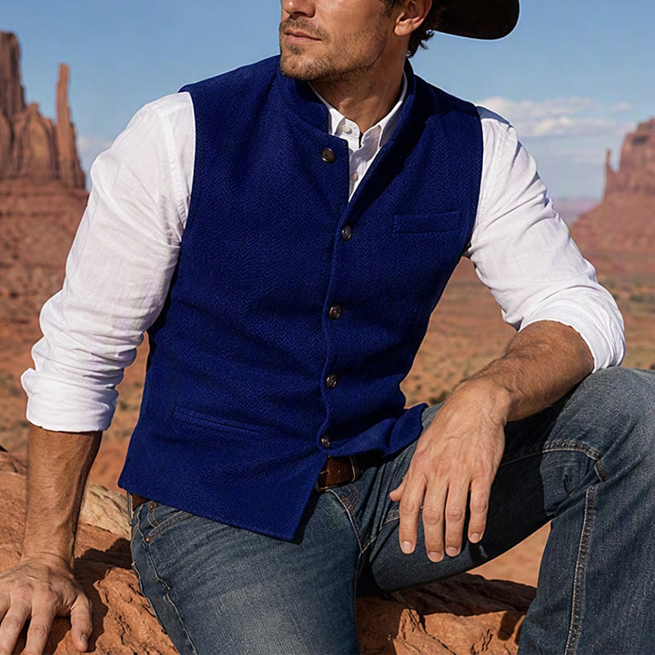 Gilet da uomo in tweed a spina di pesce con colletto alla coreana - Blu reale - 3XL - image 11