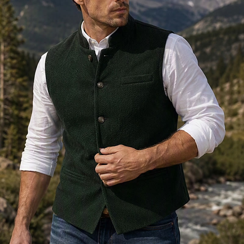 Gilet da uomo in tweed a spina di pesce con colletto alla coreana - Verde militare - 3XL - image 10