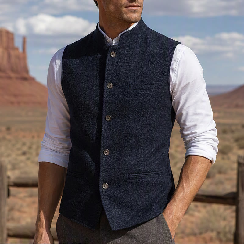 Gilet da uomo in tweed a spina di pesce con colletto alla coreana - Blu navy - 3XL - image 12