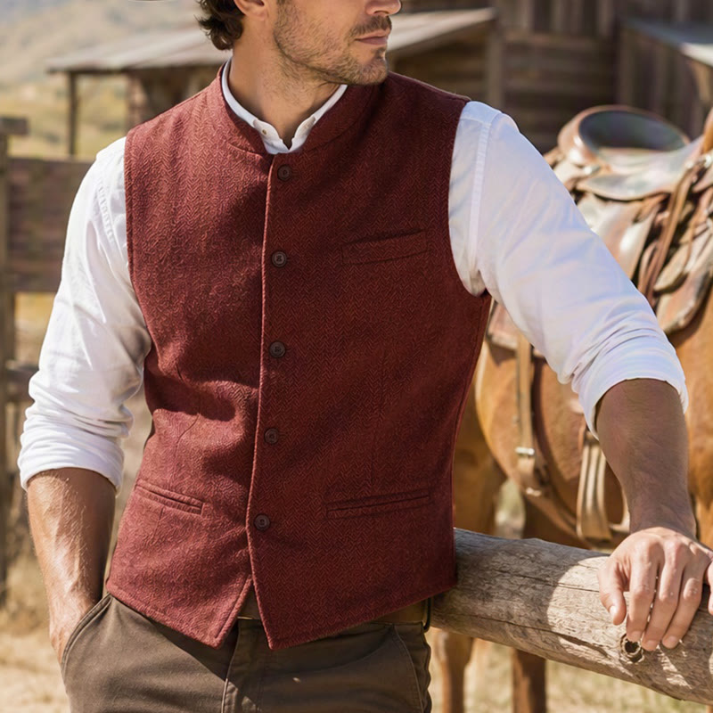 Gilet da uomo in tweed a spina di pesce con colletto alla coreana - Arancia - 3XL - image 0
