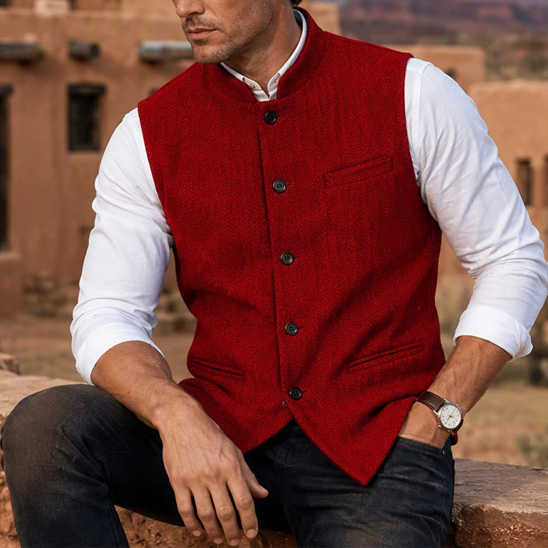 Gilet da uomo in tweed a spina di pesce con colletto alla coreana - Rosso - 3XL - image 7