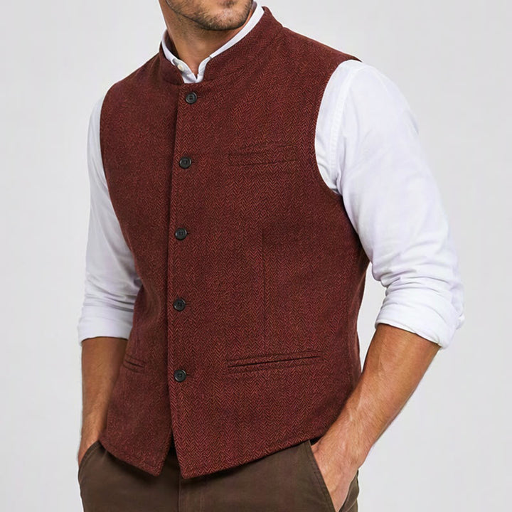 Gilet da uomo in tweed a spina di pesce con colletto alla coreana - image 2