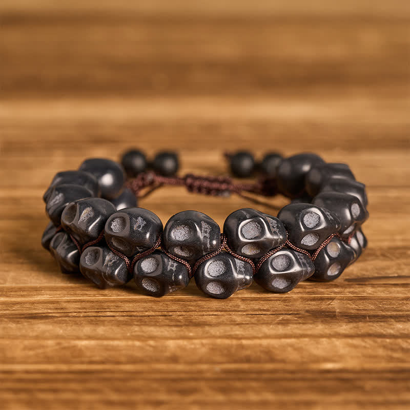 Bracciale intrecciato regolabile con teschio gotico turchese e perline - Nero - image 4