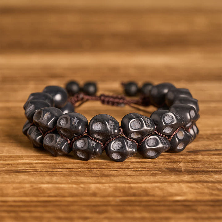 Bracciale intrecciato regolabile con teschio gotico turchese e perline - Nero - image 4