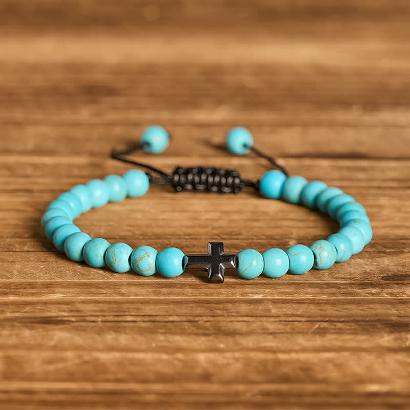 Bracciale regolabile con croce della fede e perline turchesi - Turchese - image 4
