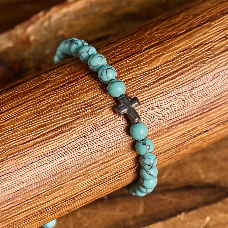 Bracciale regolabile con croce della fede e perline turchesi - image 1