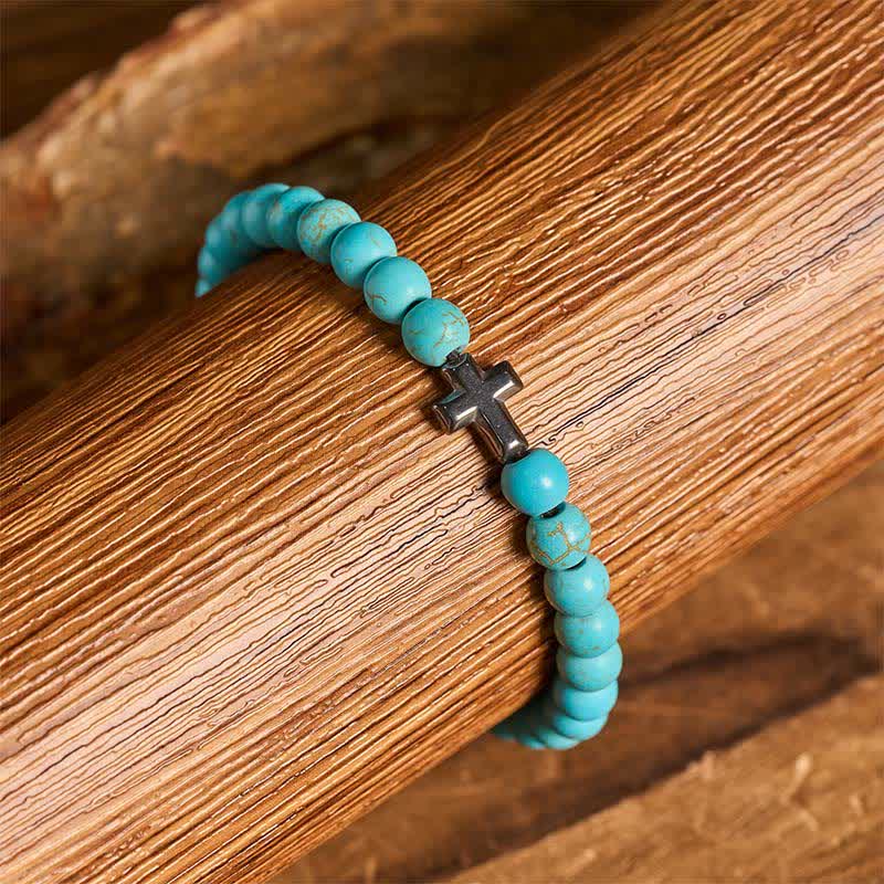 Bracciale regolabile con croce della fede e perline turchesi - image 5