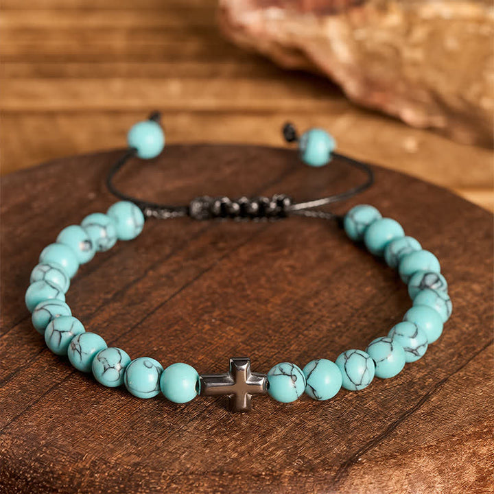 Bracciale regolabile con croce della fede e perline turchesi - image 2