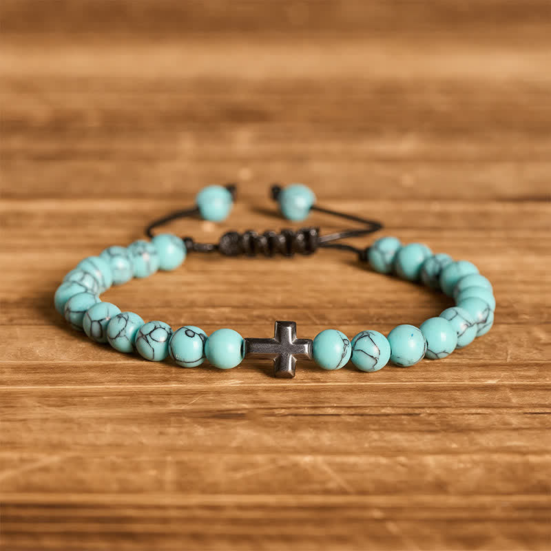 Bracciale regolabile con croce della fede e perline turchesi - turchese chiaro - image 0