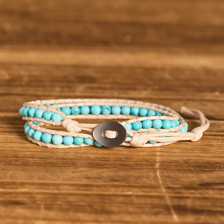 Bracciale a doppio giro pulito con perline turchesi e cordino beige - Turchese - image 0