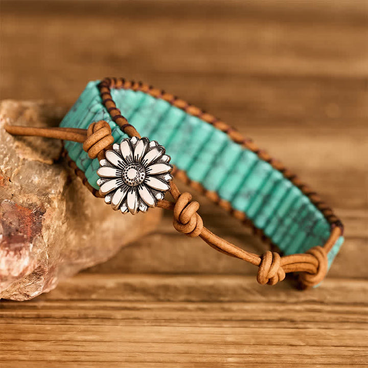 Bracciale in pelle con bottone di girasole e tubo turchese, ideale per trattamenti curativi. - image 6
