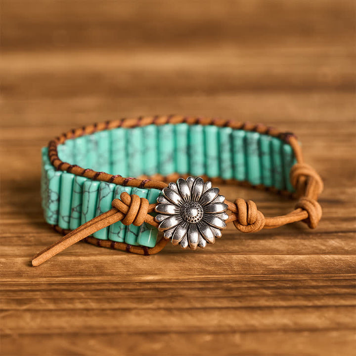 Bracciale in pelle con bottone di girasole e tubo turchese, ideale per trattamenti curativi. - Turchese - image 4