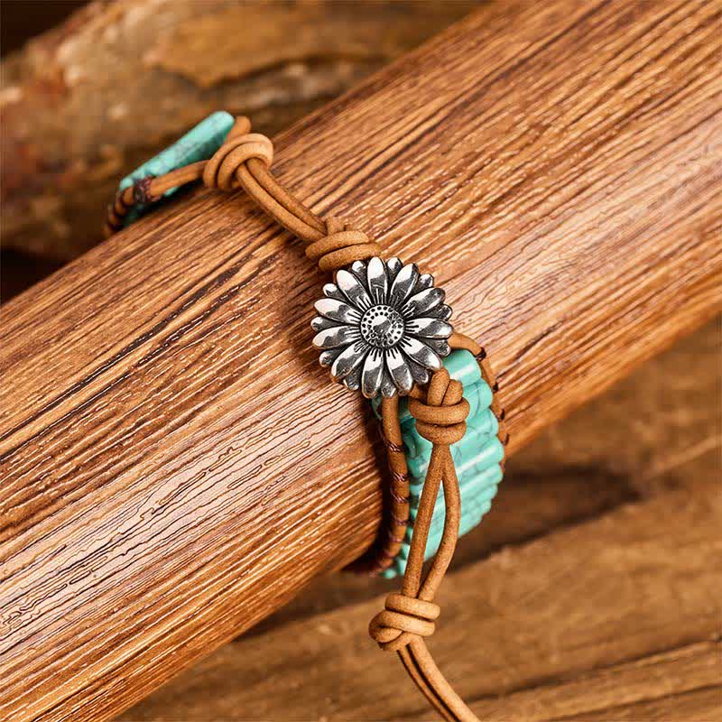 Bracciale in pelle con bottone di girasole e tubo turchese, ideale per trattamenti curativi. - image 5
