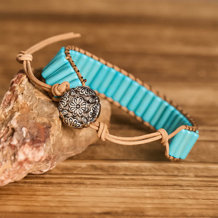 Bracciale da cowgirl in pelle marrone con perline tubolari turchesi in stile western - image 2