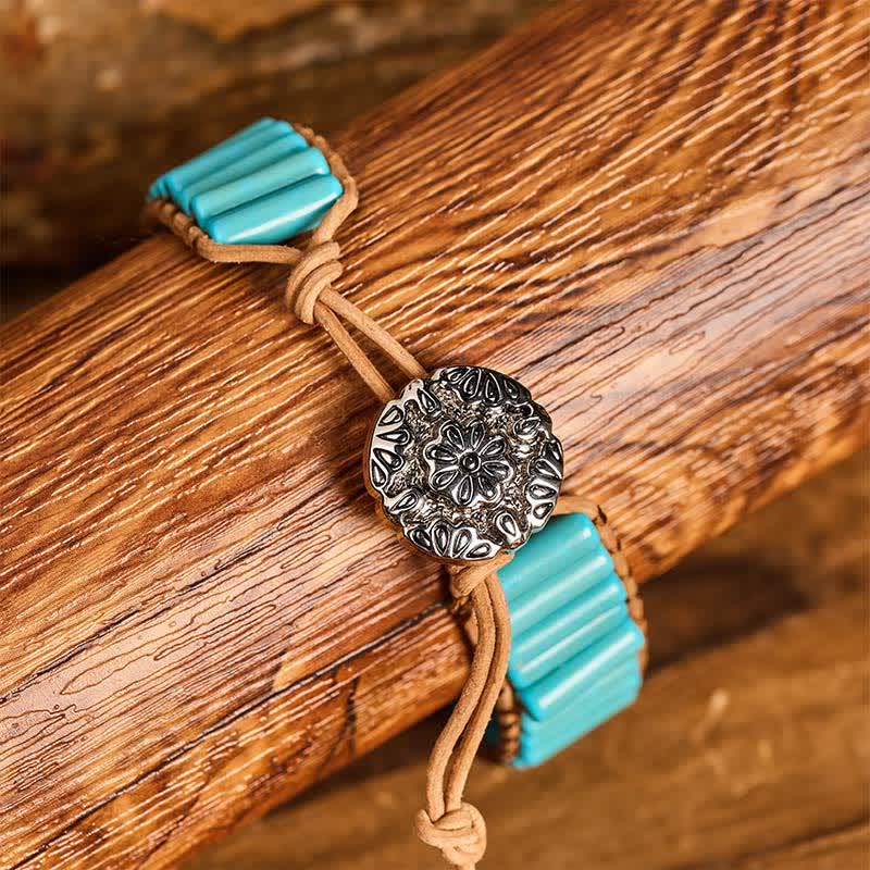 Bracciale da cowgirl in pelle marrone con perline tubolari turchesi in stile western - image 1