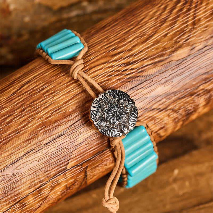 Bracciale da cowgirl in pelle marrone con perline tubolari turchesi in stile western - image 1