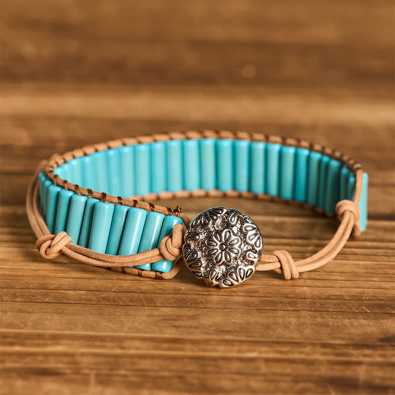 Bracciale da cowgirl in pelle marrone con perline tubolari turchesi in stile western - Turchese - image 0