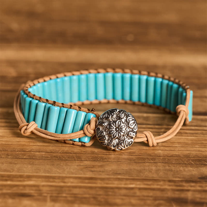 Bracciale da cowgirl in pelle marrone con perline tubolari turchesi in stile western - Turchese - image 0