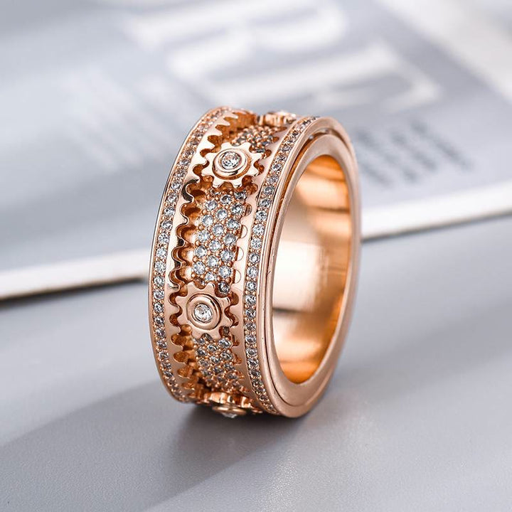 Anello girevole con zirconi e ingranaggio integrato, interamente tempestato di cristalli, ideale per gioielli da festa. - Oro rosa - US 12 - image 3