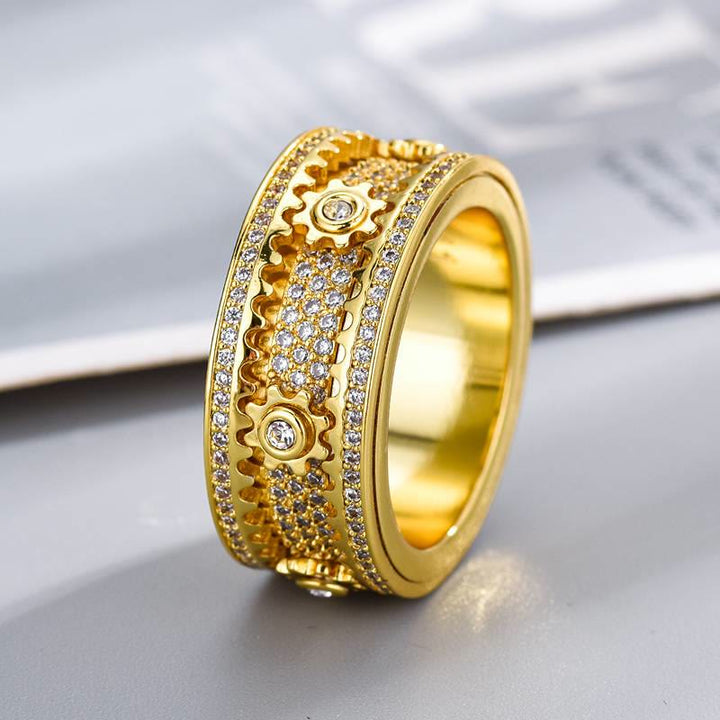 Anello girevole con zirconi e ingranaggio integrato, interamente tempestato di cristalli, ideale per gioielli da festa. - Oro - US 12 - image 4