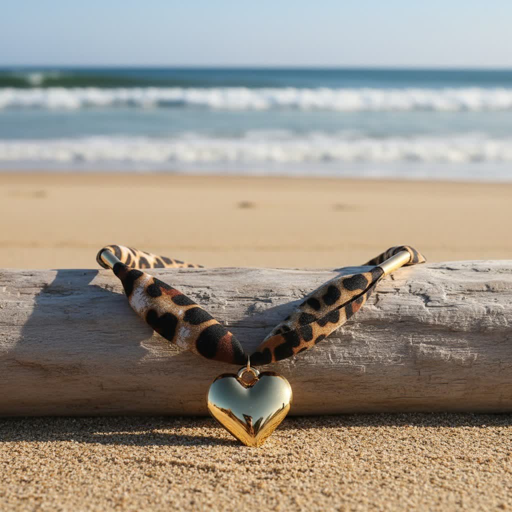 Collana con sciarpa Wild Heart con motivo leopardato e ciondolo a cuore dorato. - image 4