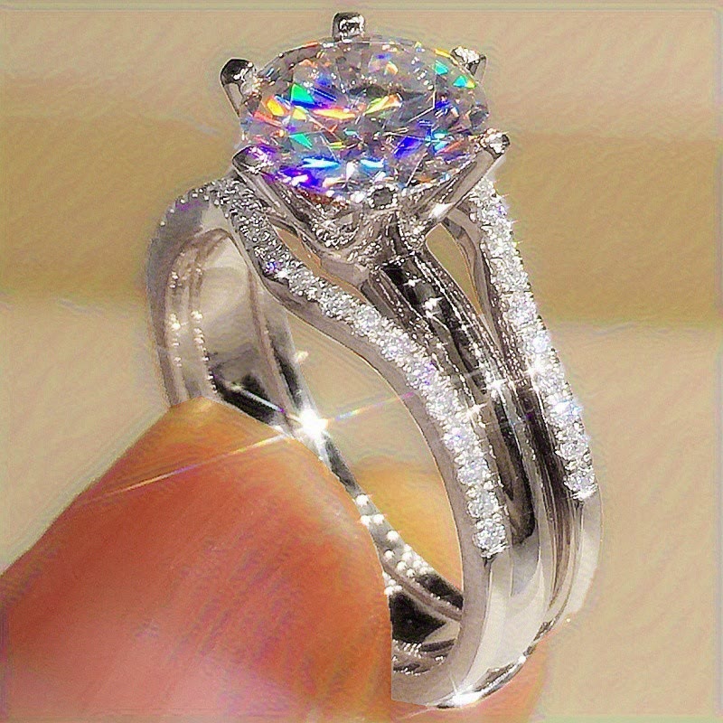 Anello da donna a sei griffe con zirconi cubici, fascia divisa, anello di promessa, fidanzamento, matrimonio - Argento - 10 - image 3