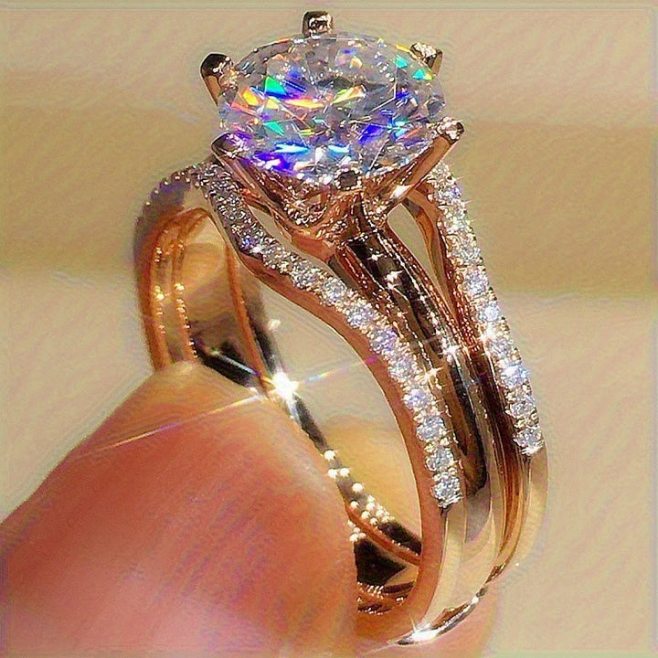 Anello da donna a sei griffe con zirconi cubici, fascia divisa, anello di promessa, fidanzamento, matrimonio - Oro - 10 - image 0