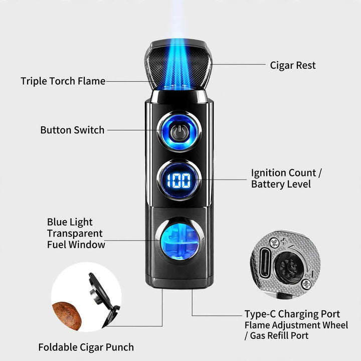 Accendino per sigari intelligente 4 in 1 a tripla fiamma con poggia sigari e perforatore integrati - image 3