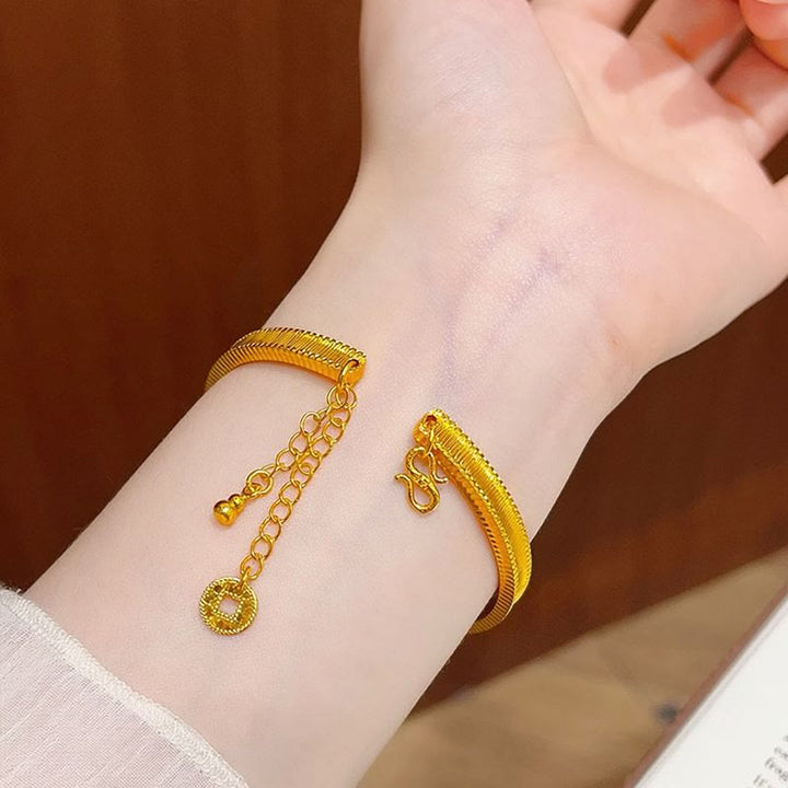 Bracciale vintage aperto regolabile con nappa a forma di zucca e ciondolo a moneta, bracciale retrò galvanizzato per donna - image 5