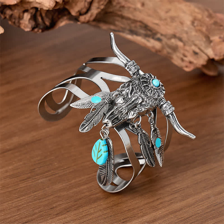 Bracciale aperto con teschio di mucca del sud-ovest, piume turchesi e polsino aperto - Argento - image 0