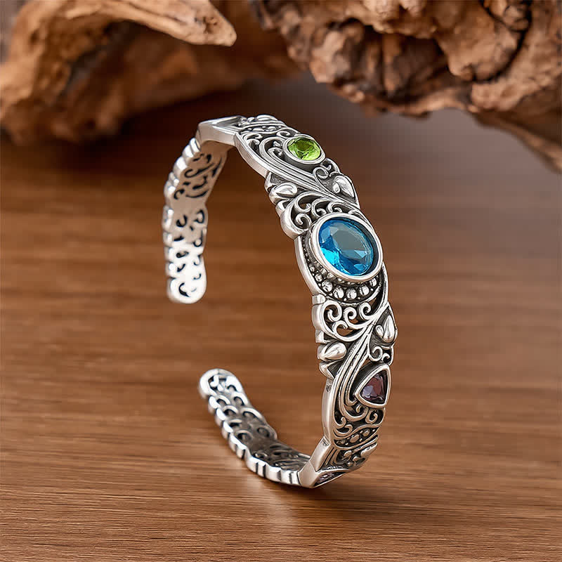 Bracciale a polsino aperto con pietre preziose decorate. - Argento - image 0