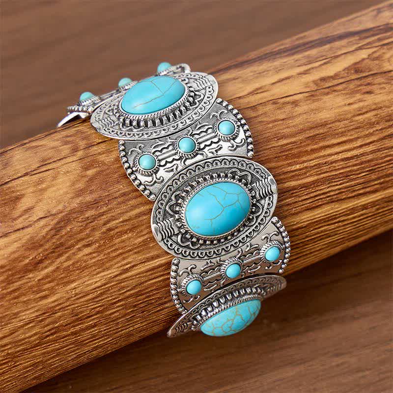 Bracciale a polsino largo e ampio con perline turchesi, ispirato ai palazzi signorili. - Argento antico - image 0