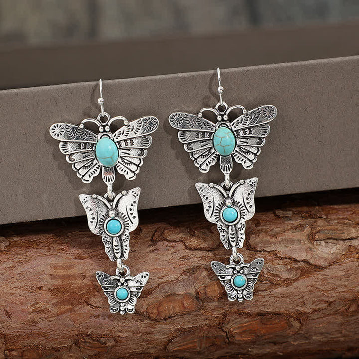 Orecchini pendenti stile boho con tripla farfalla turchese. - image 2
